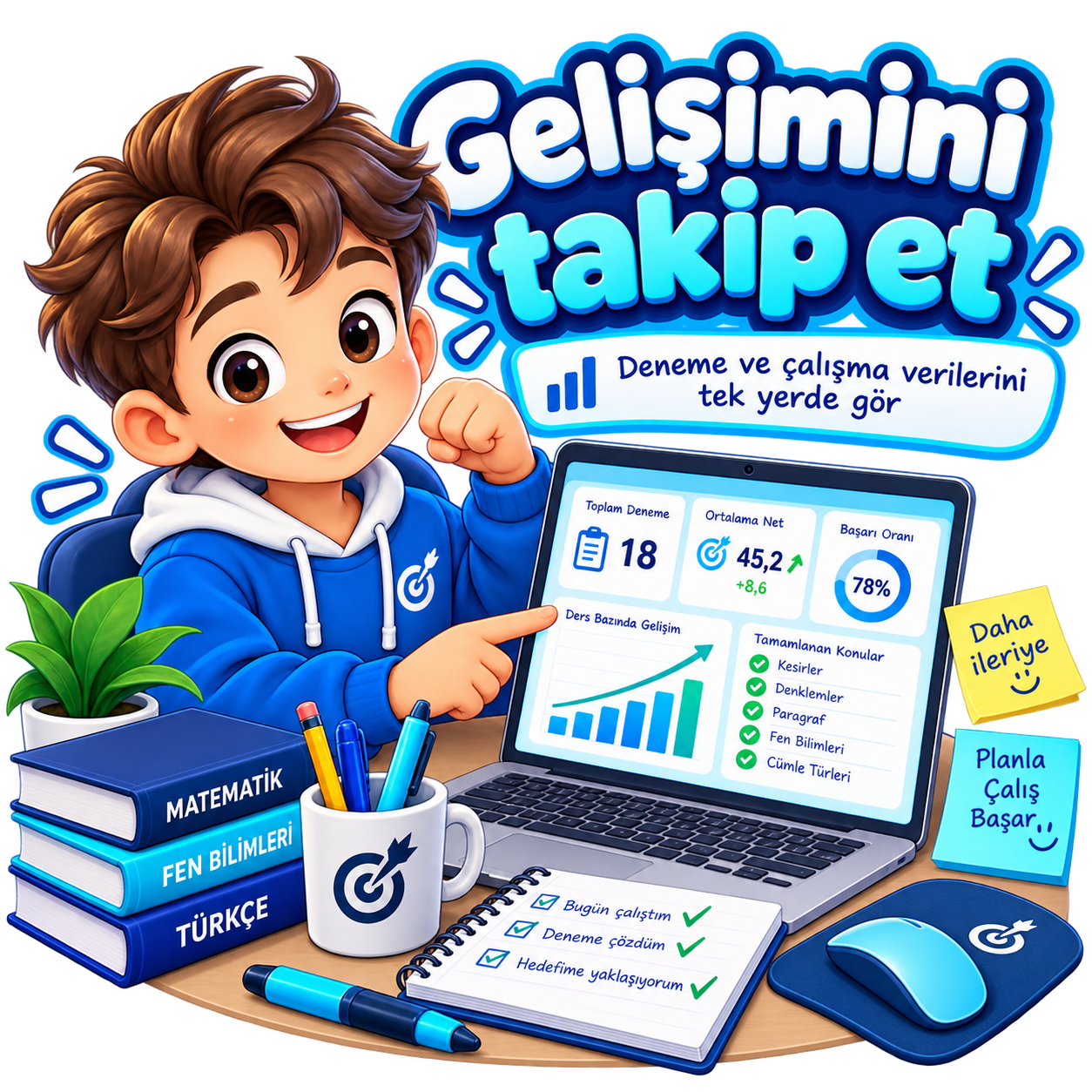 Deneme ve çalışma gelişimini gösteren öğrenci görseli